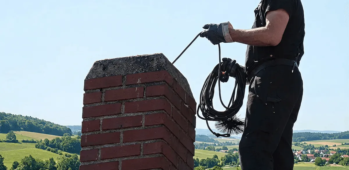 Chimney sweep inspecting and cleaning a rooftop chimney in Akron, OH