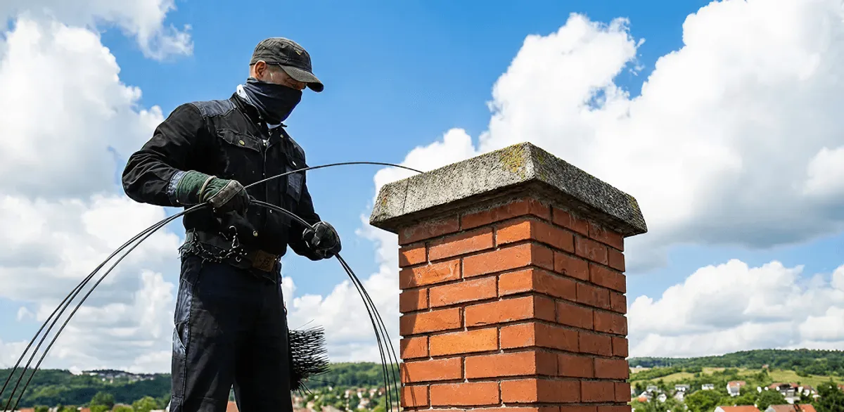 Chimney sweep cleaning a brick chimney with professional tools in Akron, OH
