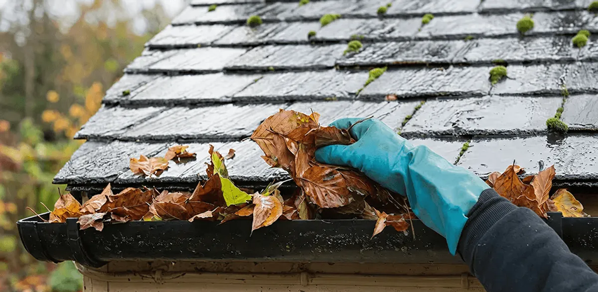 Gutter cleaning technician clearing wet leaves from roof gutters in Akron, OH