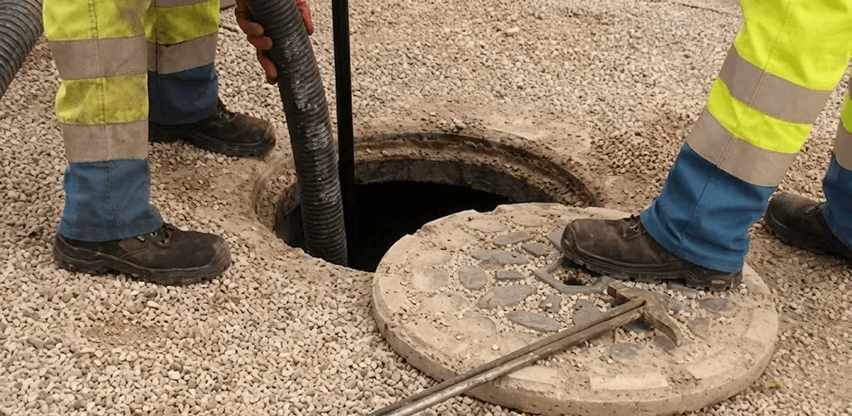 Drain cleaning crew clearing a sewer access point with professional equipment in Akron, OH